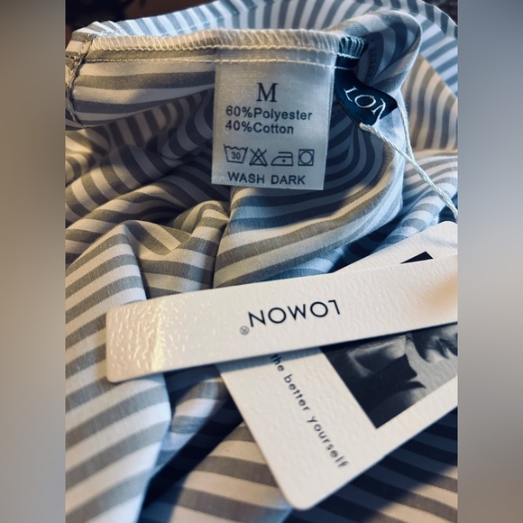 New Lomon collared blouse 3/4 sleeve grey white stripe M - Picture 8 of 8